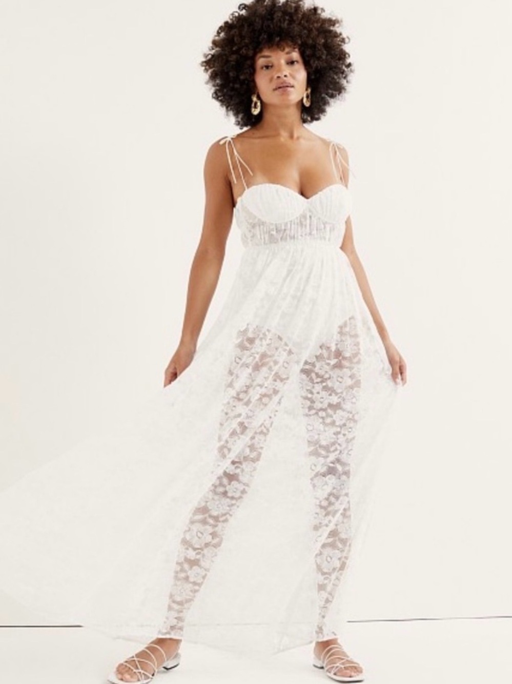 For Love & Lemons White Lace Maxi Slip Dress with Sheer Floral Skirt - Picture 4 of 14